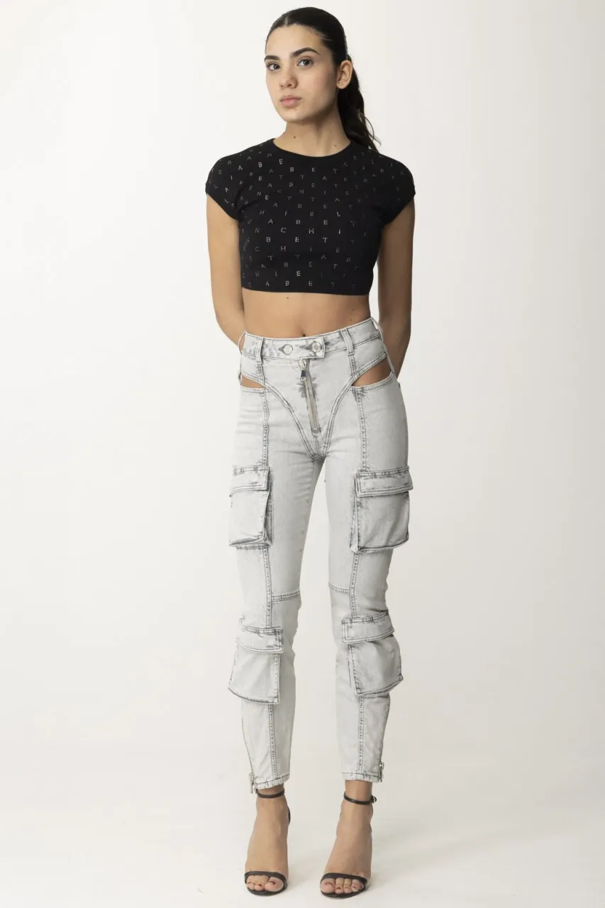 Top crop con lettering in strass Nero