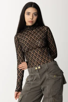 Tulle bodysuit with flock print Nero