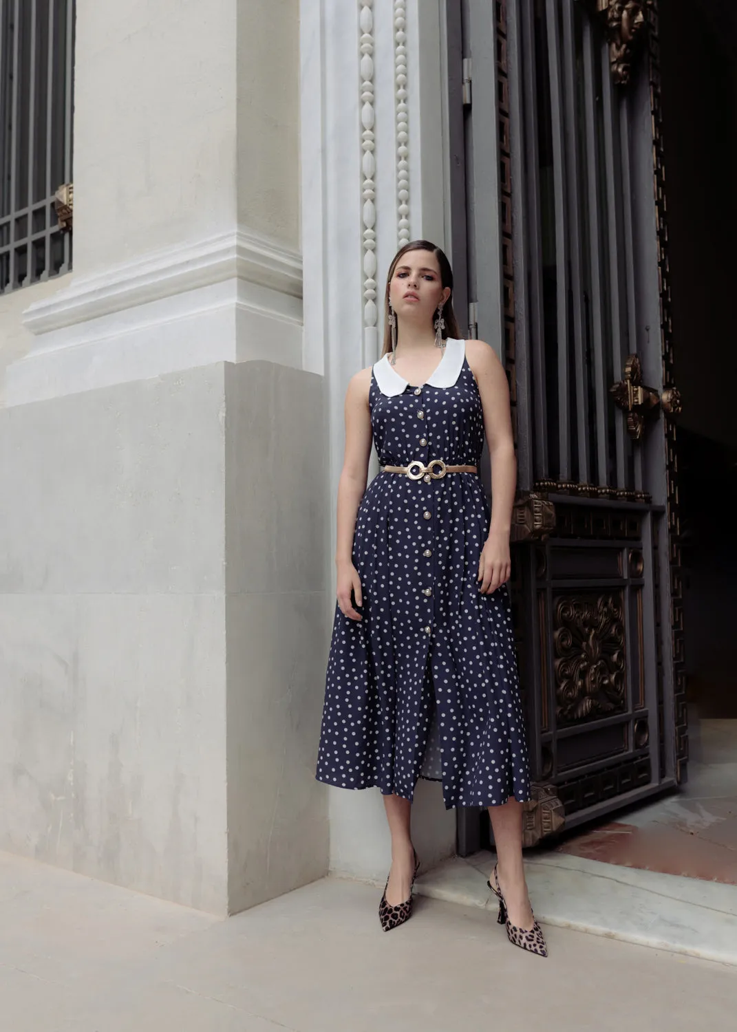 Vestido midi lunares cuello bobo