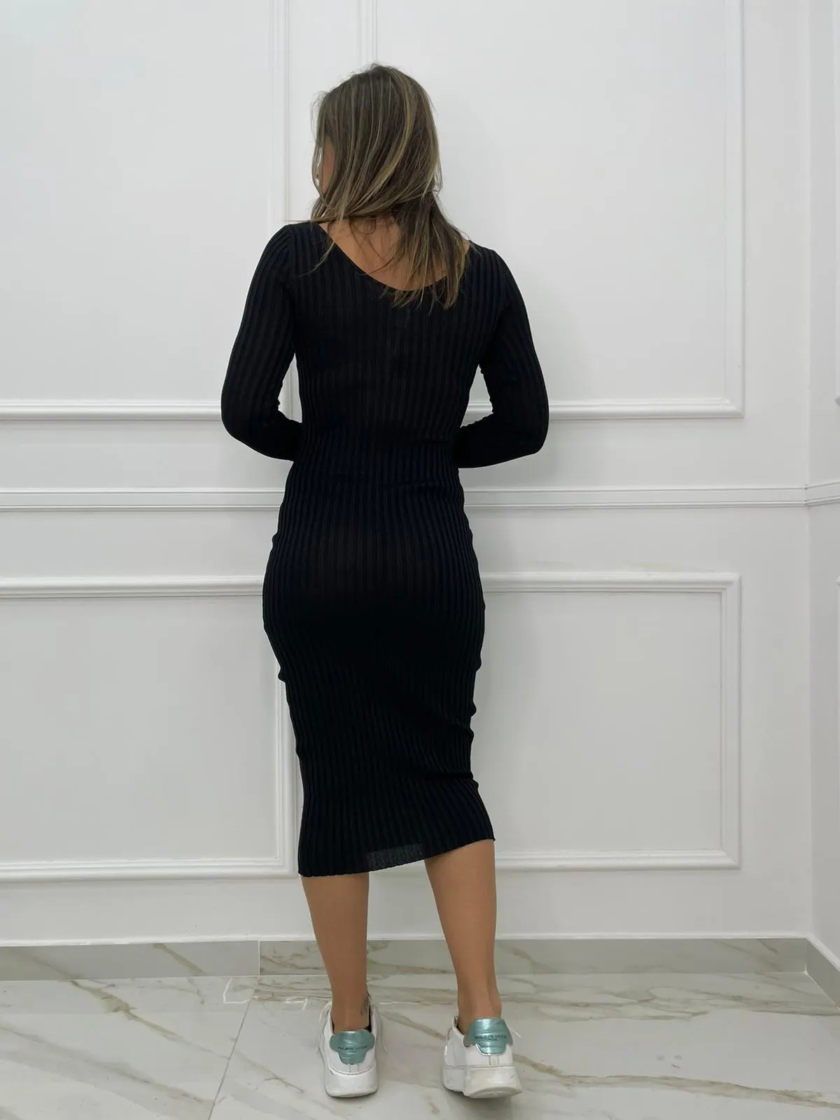 Vestito midi laminato a coste