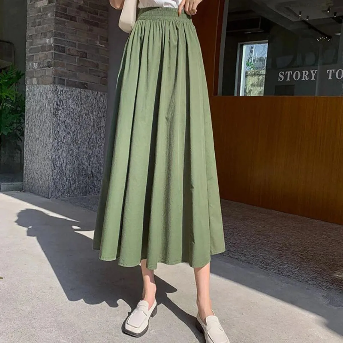 Xpqbb Gonne da Donna Casual in Tinta Unita Estate Elastica Alta Wiast Gonna Lunga A Line Donna All Match Allentato Studente Midi